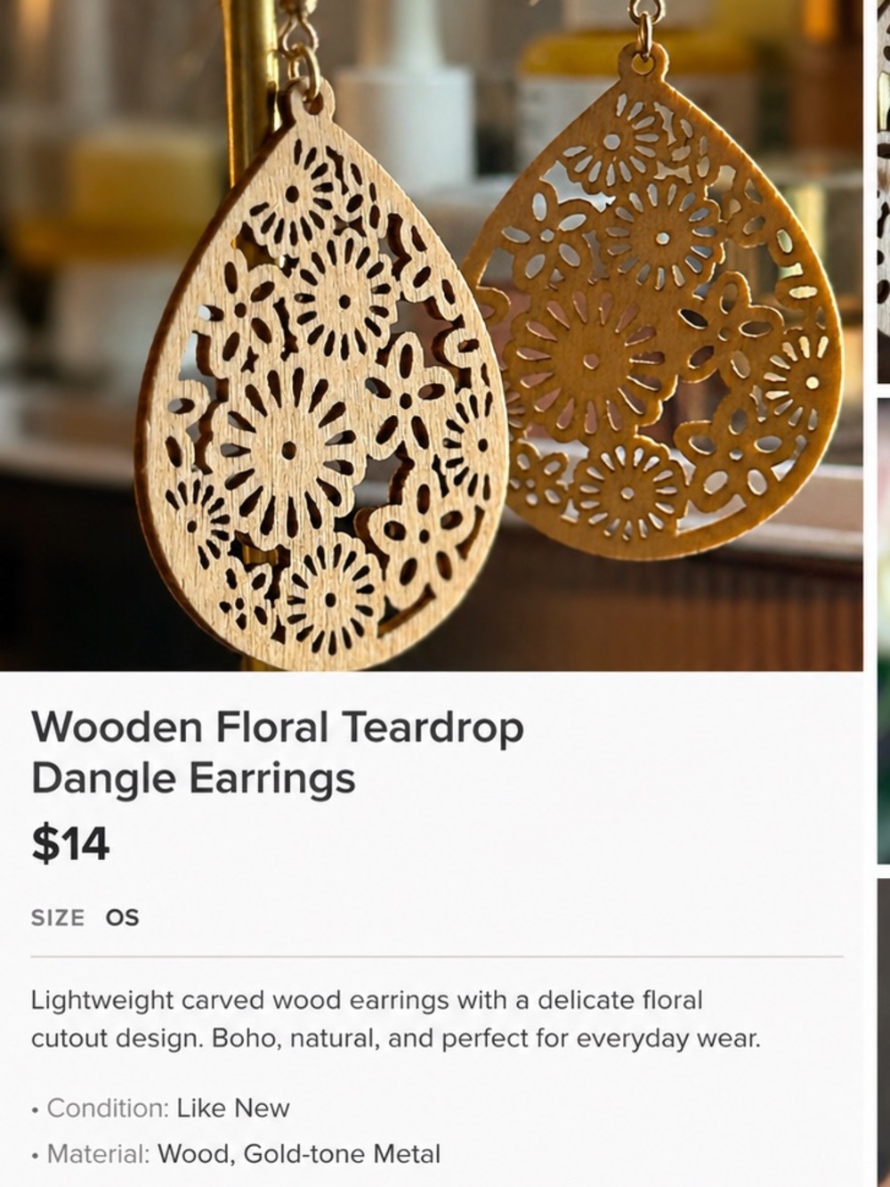 Wood Floral Teardrop Earrings , very lightweight.